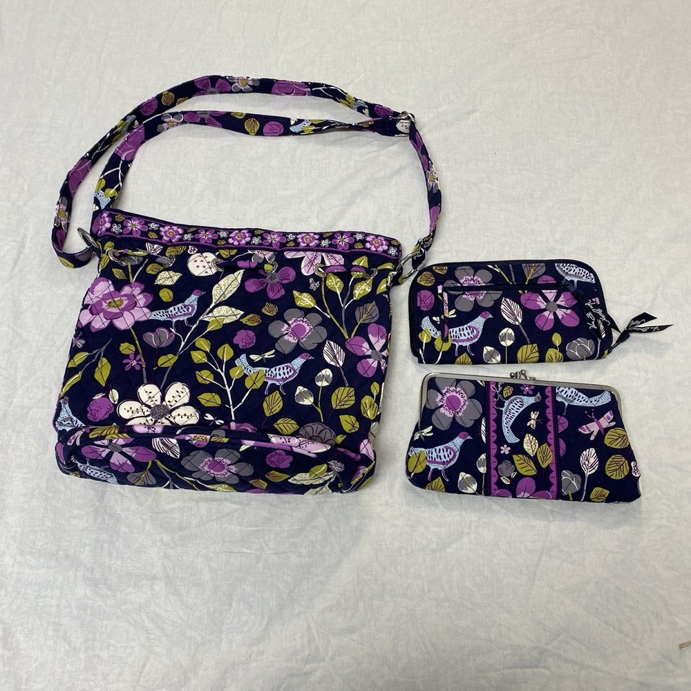 Vera Bradley Floral Crossbody Bag Set‎ Wallet Coin Purse Navy Pink Excellent